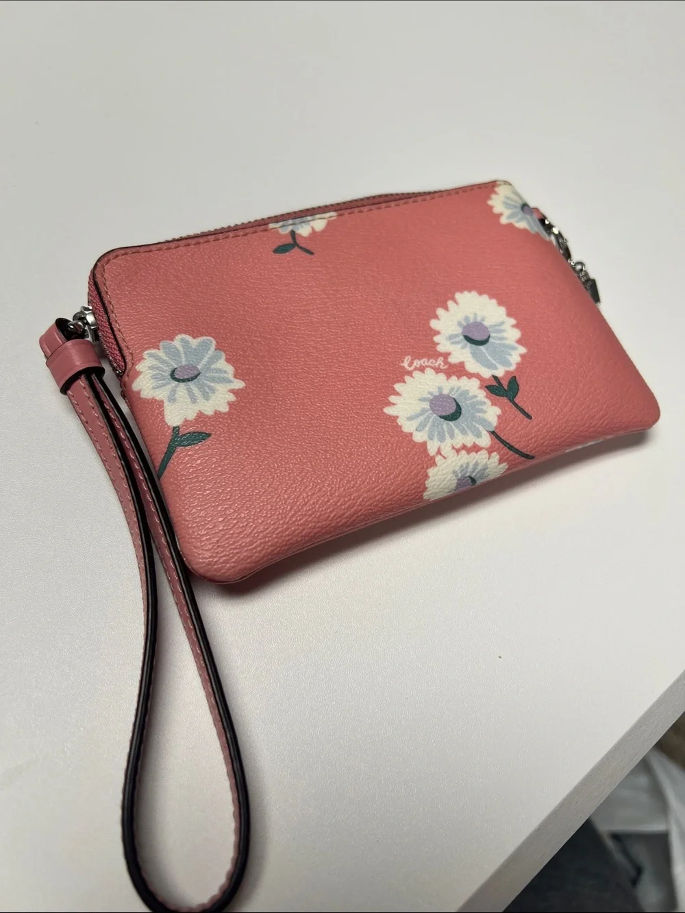 Coach Coral Pink Floral Wristlet with Silver Charm